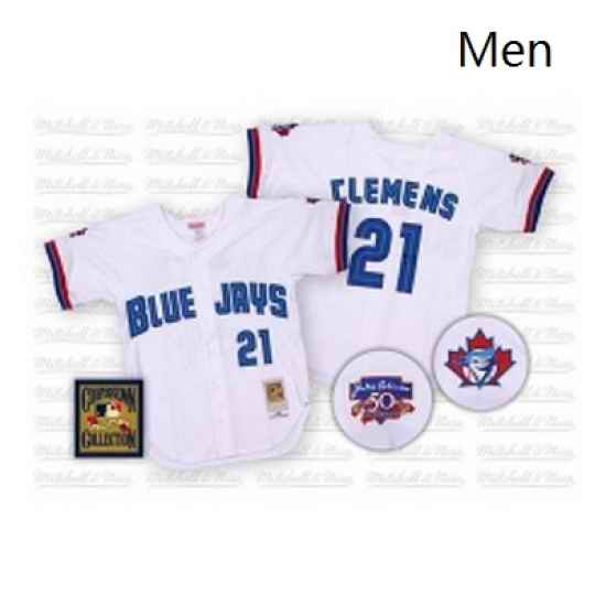 Mens Mitchell and Ness Toronto Blue Jays 21 Roger Clemens Replica White Throwback MLB Jersey